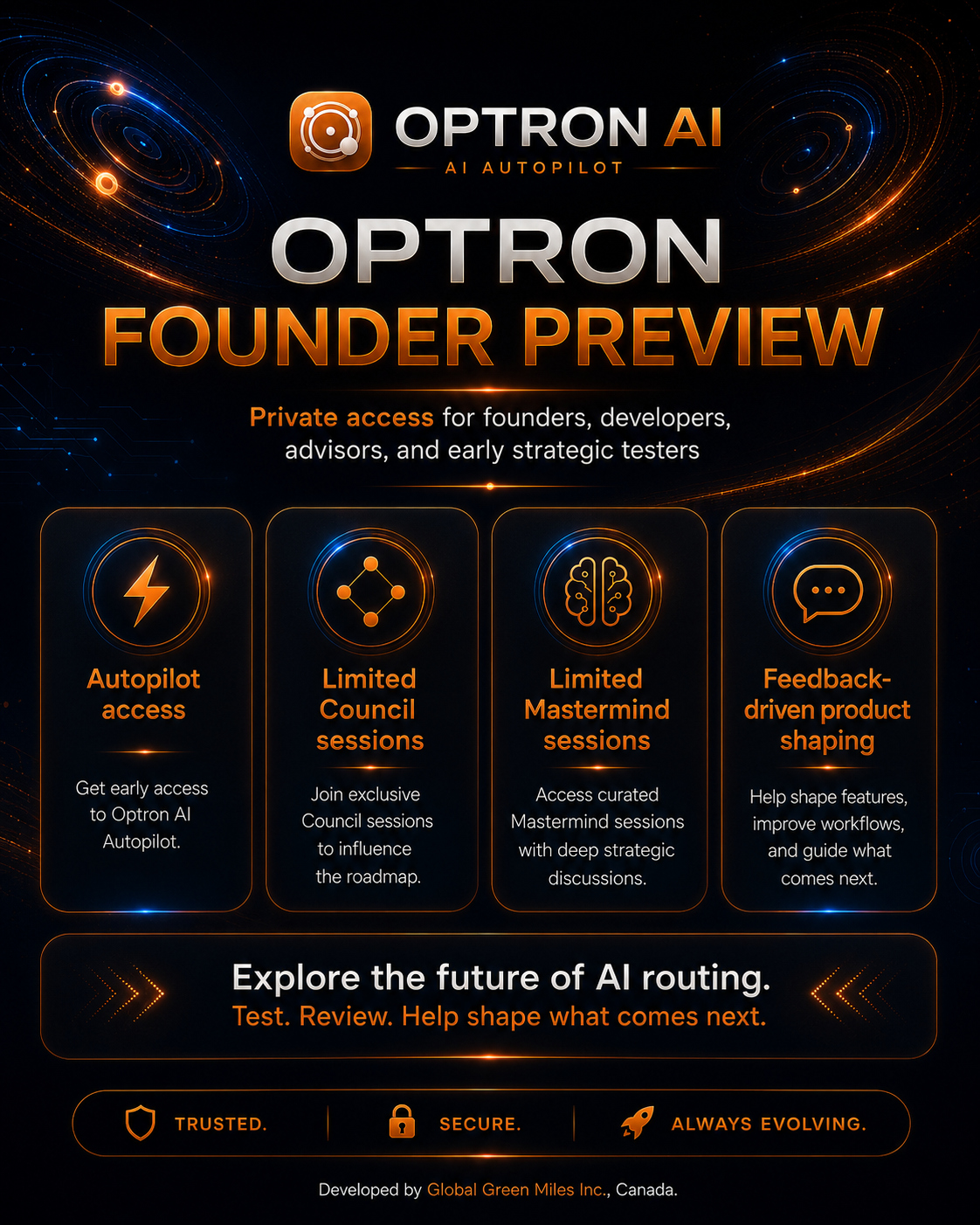 Optron Founder Preview — private access for builders, advisors, strategic testers, and early supporters, including Autopilot access, limited Council and Mastermind sessions, and feedback-driven product shaping
